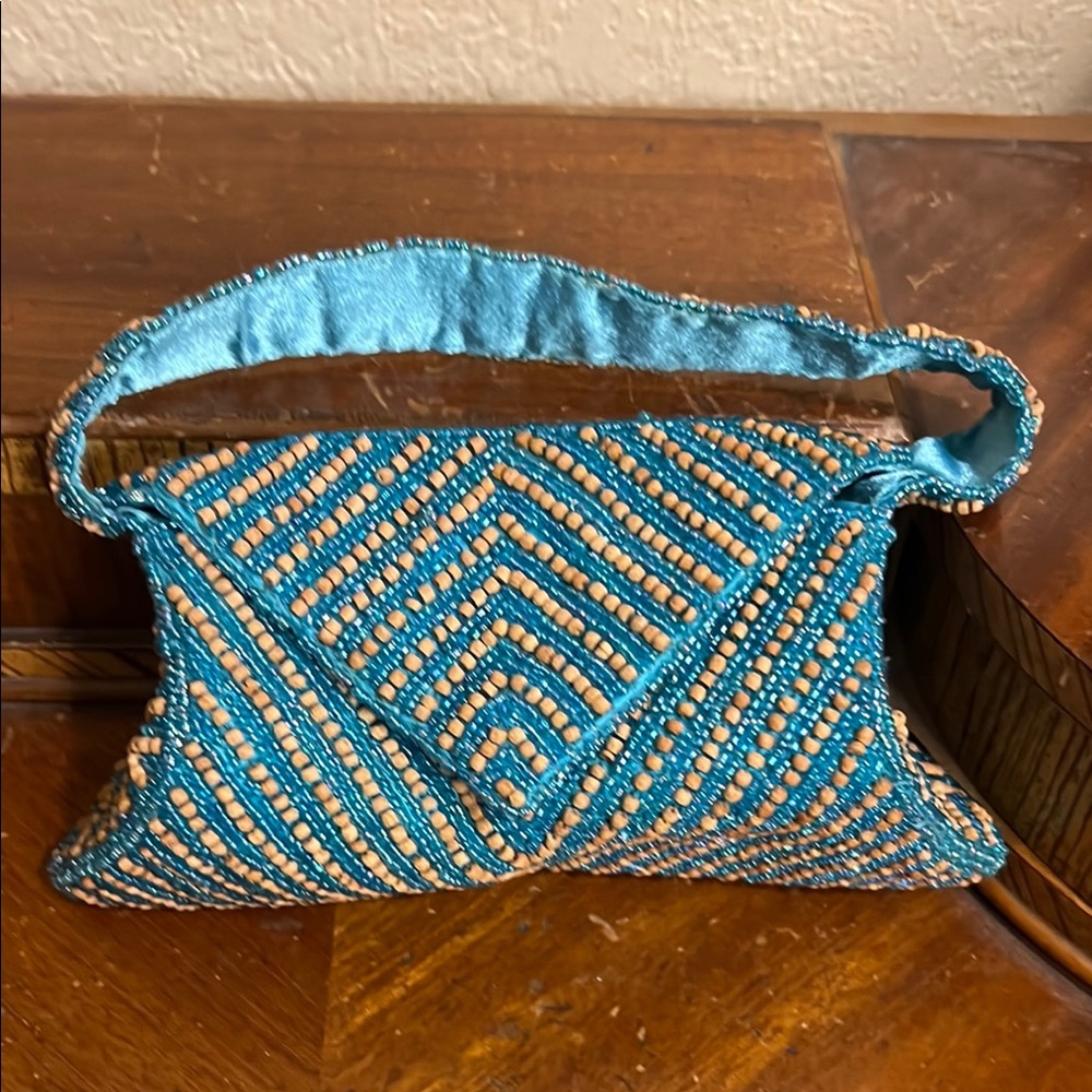 🔥Vintage blue/tan K.C. Malhan Beaded Purse Bag Rare!!